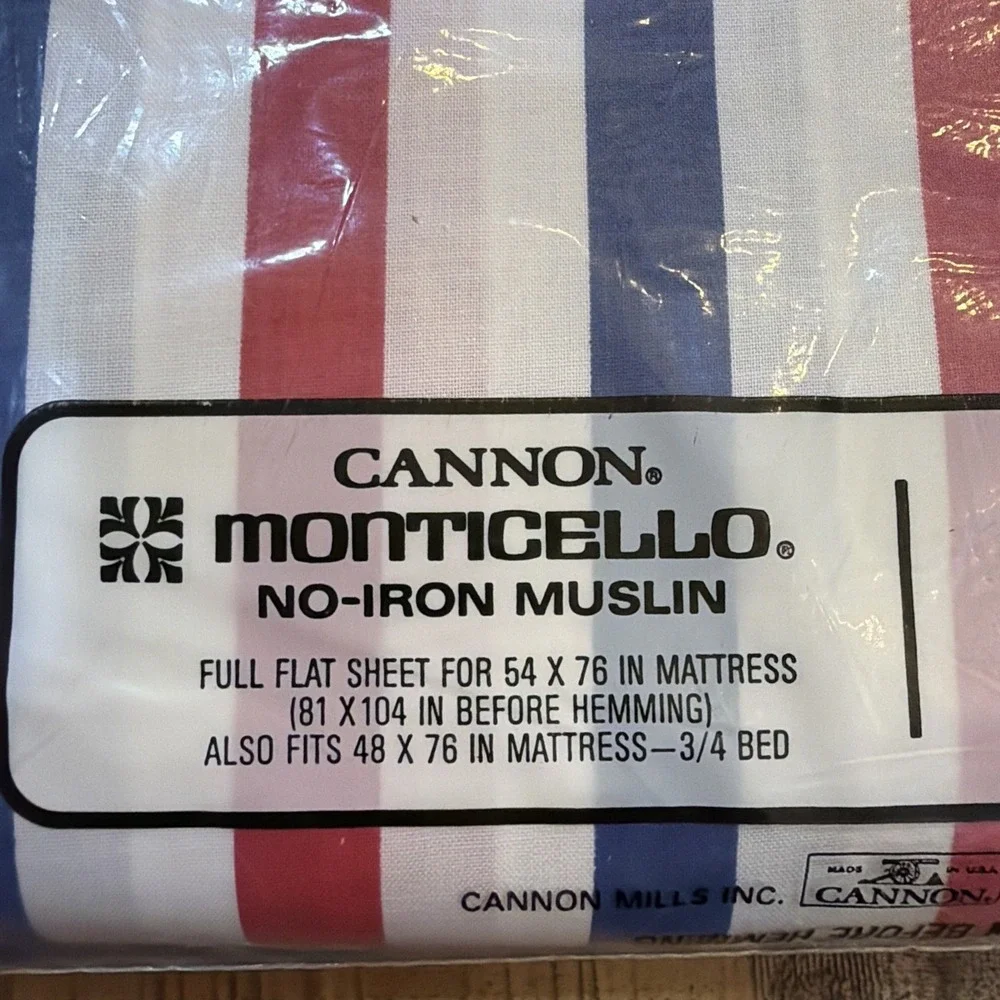VTG USA 70/80s CANNON MONTICELLO RED WHITE BLUE FULL SZ FITTED & FLAT SHEET SET